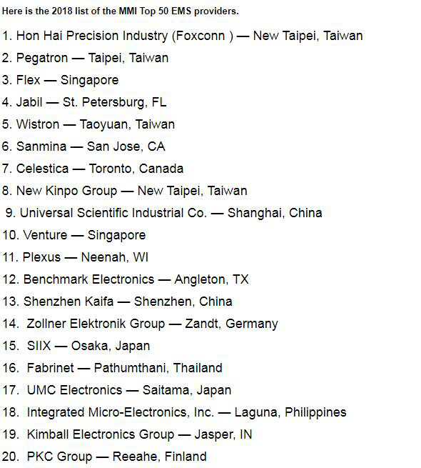 2018年全球EMS代工厂50强榜单